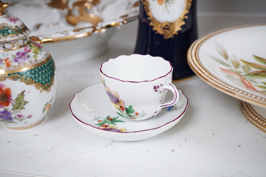 A collection of Meissen and other German porcelain vases and dishes etc. and a Worcester comport, tallest 34cm